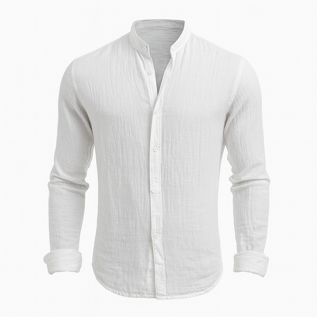 Premium Linen Long Sleeve Shirt – Minimalist Stand Collar Style