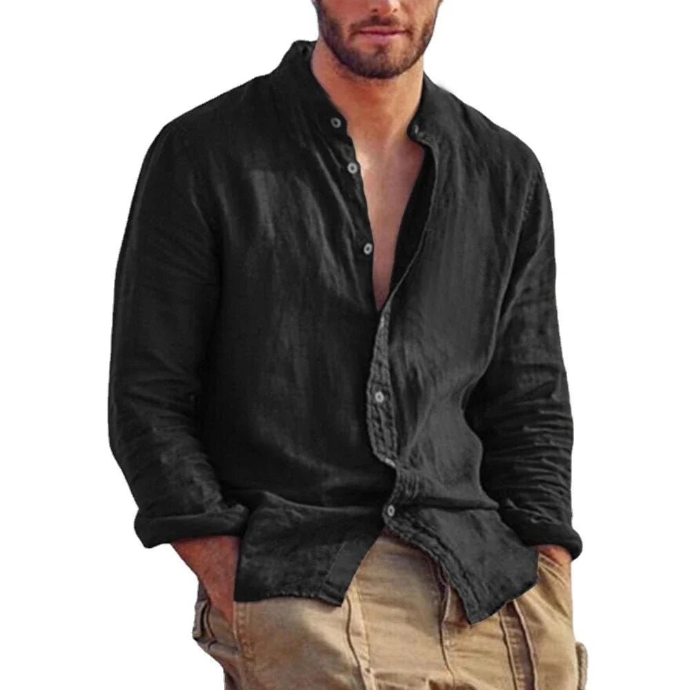 Premium Linen Long Sleeve Shirt – Minimalist Stand Collar Style