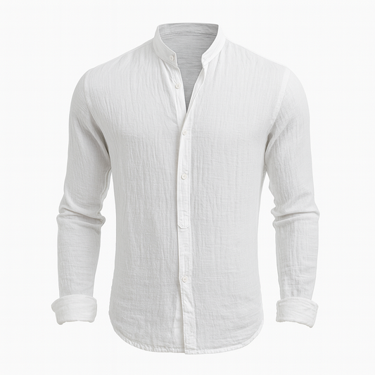 Premium Linen Long Sleeve Shirt – Minimalist Stand Collar Style