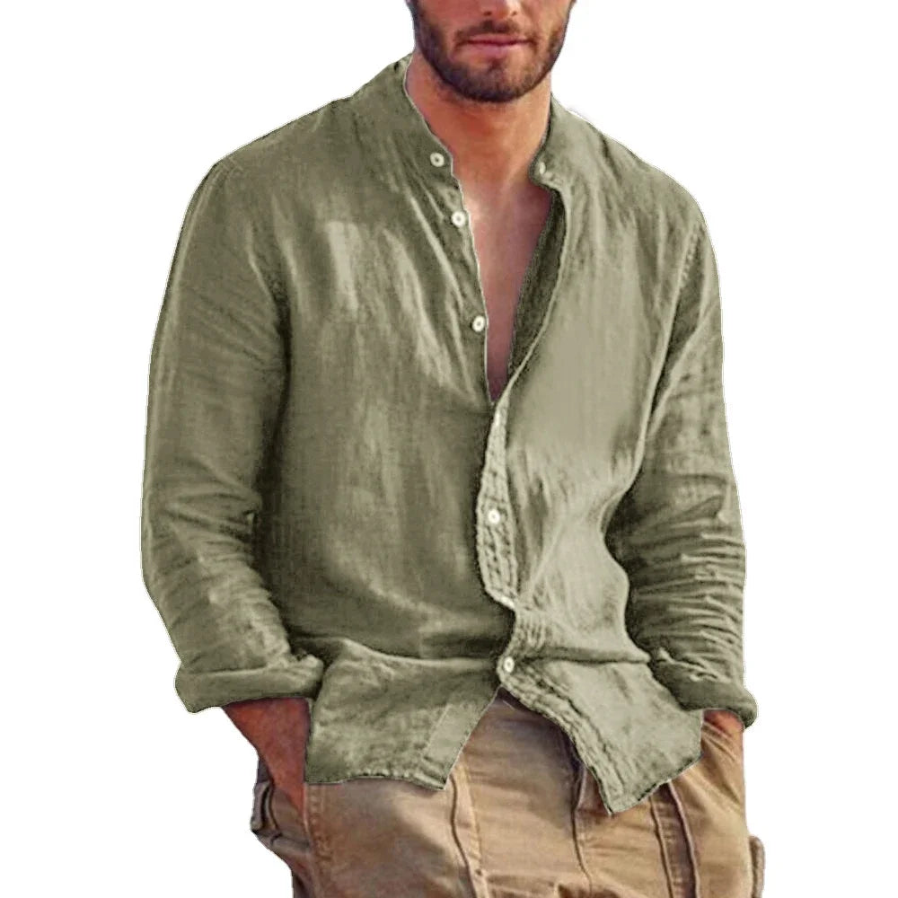 Premium Linen Long Sleeve Shirt – Minimalist Stand Collar Style