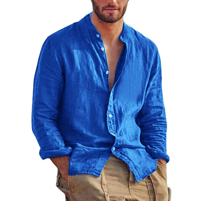 Premium Linen Long Sleeve Shirt – Minimalist Stand Collar Style
