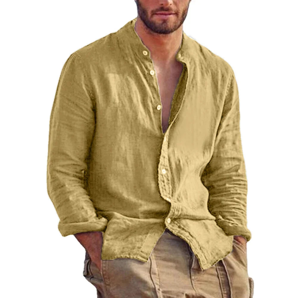 Premium Linen Long Sleeve Shirt – Minimalist Stand Collar Style