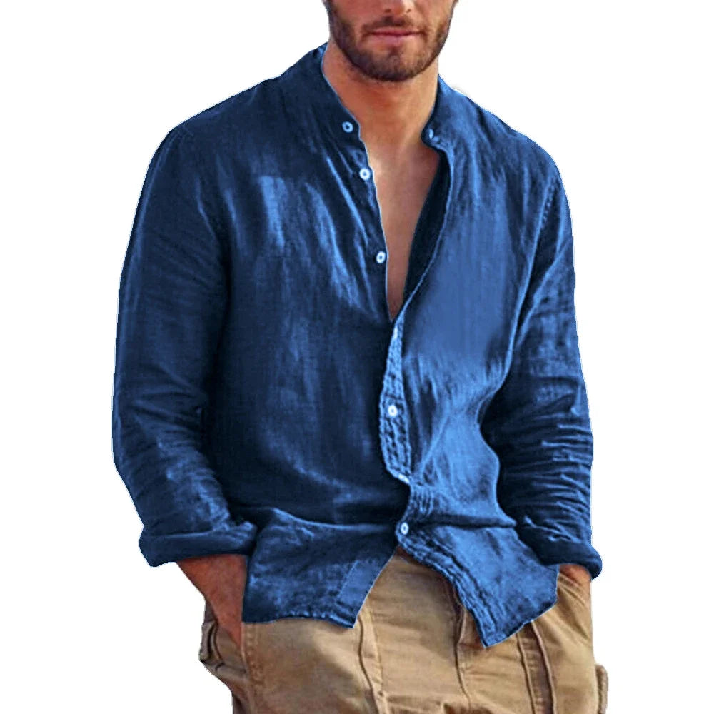 Premium Linen Long Sleeve Shirt – Minimalist Stand Collar Style
