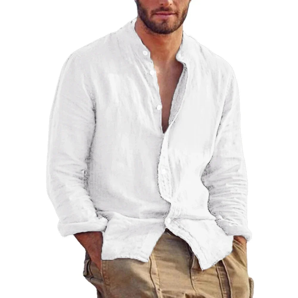 Premium Linen Long Sleeve Shirt – Minimalist Stand Collar Style