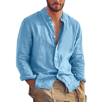 Premium Linen Long Sleeve Shirt – Minimalist Stand Collar Style