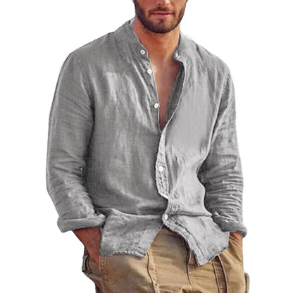 Premium Linen Long Sleeve Shirt – Minimalist Stand Collar Style